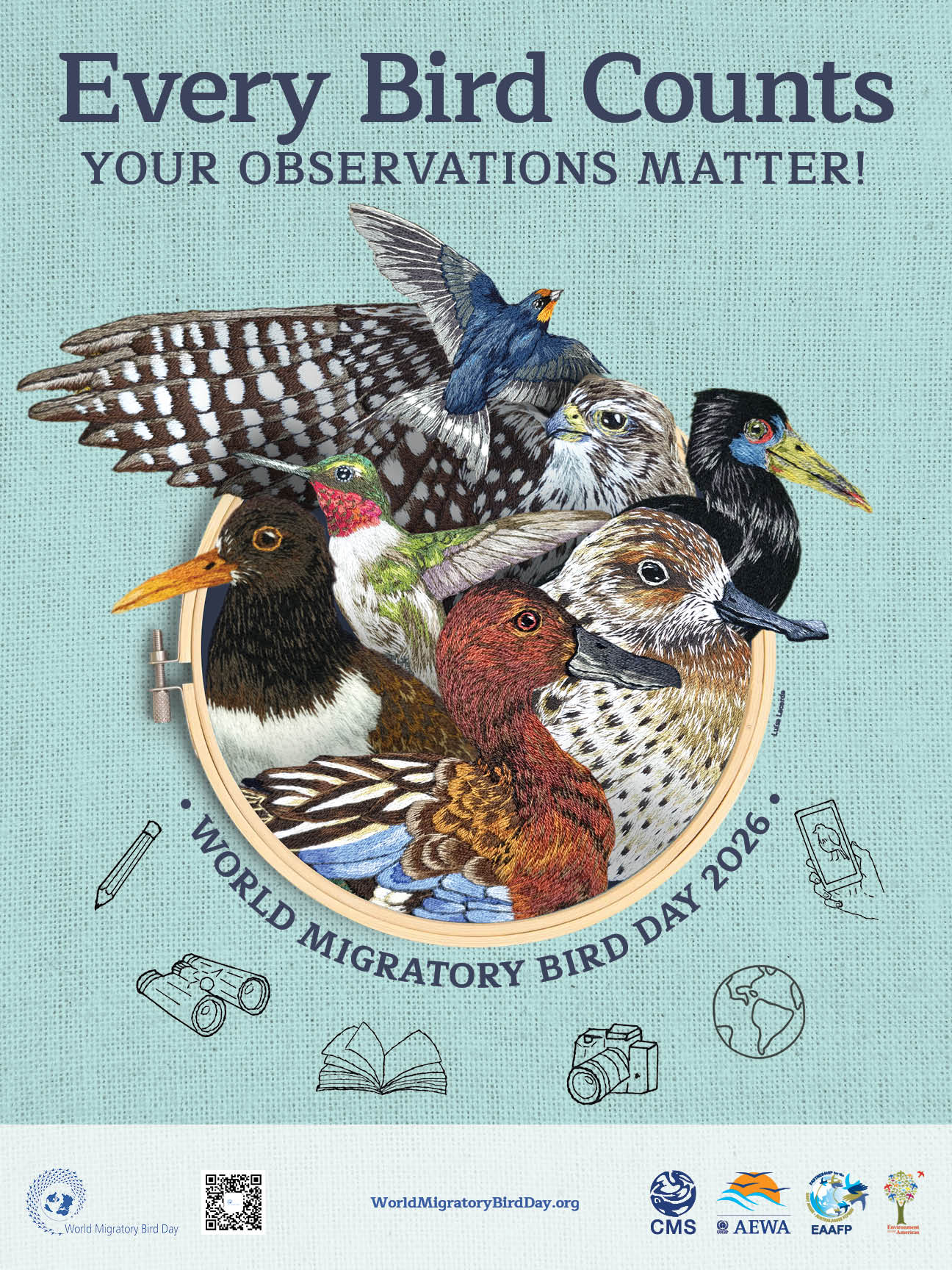 World Migratory Bird Day 2026 Global Poster (Artwork by Luísa Lacerda)